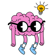 Calcomanía De Personaje De Cerebro Con Bombillo En Caricatura , Ilustración Vectorial