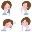 花粉症のアレルギー症状である鼻や目の症状を若い女性で表した四枚のイラスト