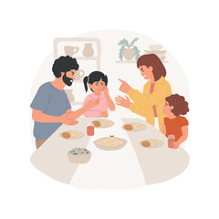 Wall Mural - Bickering isolated cartoon vector illustration. Angry parents quarrel at the table with kids, unhappy childhood, unhealthy lifestyle, family bad habits, arguing people vector cartoon.