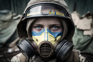 Conflict, war. Courage and fight for freedom. A painting showing the face of civilians during the war. Masked face. National colors of Ukraine. Generative AI