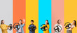 © Pixel-Shot - Set of people with car steering wheels on color background