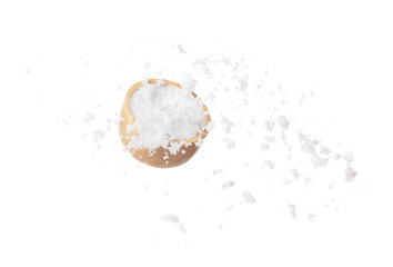 Wall Mural - Refined Salt fall down pouring in wooden bowl, powder white salts explode abstract cloud fly. Small ground salt splash in air, food object element design. White background isolated high speed freeze