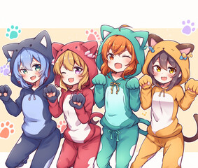 Group of cute girls in puppy suits