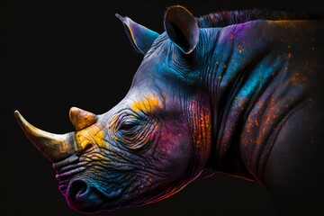 Wall Mural - Portrait face of an rhinoceros with colorful paint. Generative AI