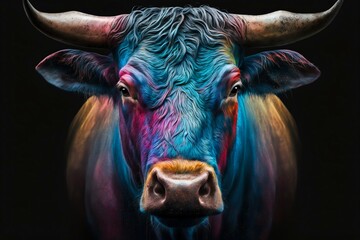 Wall Mural - Portrait face of bull with colorful paint. Generative AI