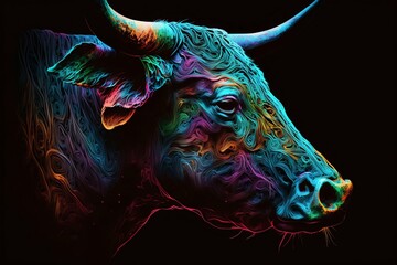 Wall Mural - Portrait face of bull with colorful paint. Generative AI