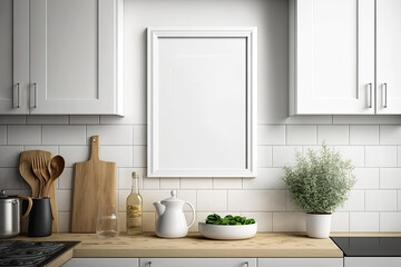 Wall Mural - Blank white kitchen picture frame mockup. Minimalist staging. Copies. Exhibitions. Generative AI