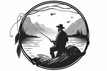 Flat Vector Black Ink Circle Drawing - Man Fishing (Generative AI)