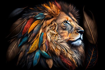 Lion portrait with color paint and feathers on black background. Generative AI