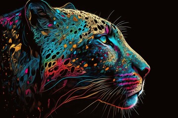 Canvas Print - Portrait face of panthera with colorful paint. Generative AI