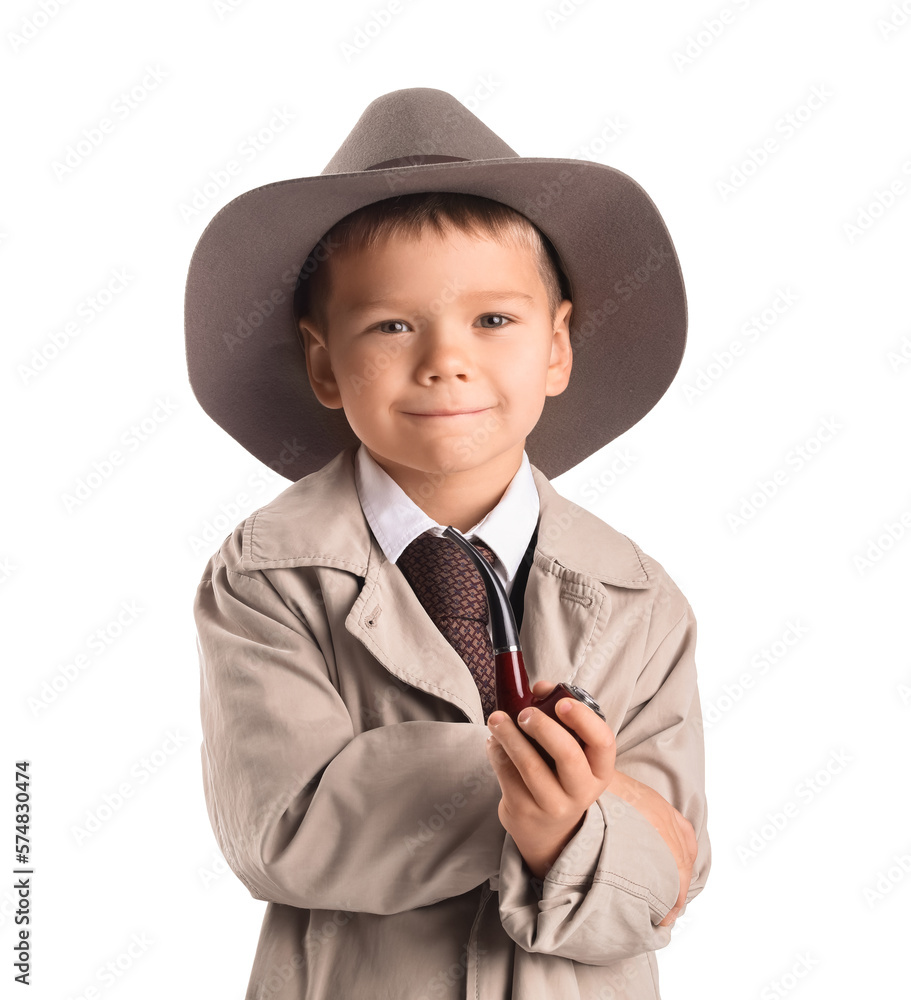 Cute little detective with smoking pipe on white background