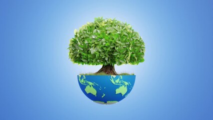 Wall Mural - Big tree on half globe on blue background.  Animation revolves around itself seamless loop. Environment or Energy background concept. Minimal style, 3D Render.