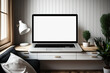 © The 2R Artificiality - Blank laptop copy space mockup. Small-office bloggers and independent contractors. modern interior design. Generative AI