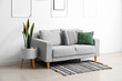 Interior of light living room with grey sofa, houseplant and rug
