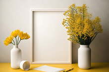 Mockup Of A Yellow Frame With A Vertical Frame And A Blank Frame In A Modern Setting With Flowers. Generative AI