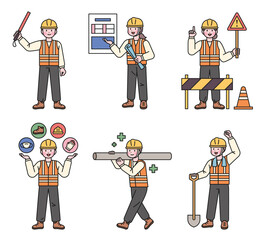 Wall Mural - Construction site workers explaining safety rules. They are working with equipment. icons and gestures.