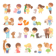 Sticker - Cute Little Boy and Girl Interacting with Animal in Petting Zoo Big Vector Set