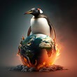© Johnathan - Artic Penguin With Burning Globe Global Cooling Generative AI