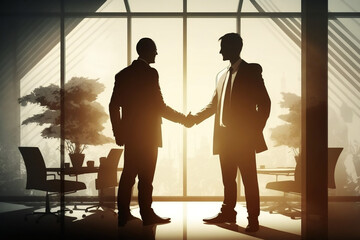 silhouette of business man handshake inside a office building - generative ai