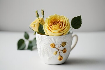 Poster - yellow rose in white cup on white. Generative AI