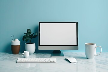 Poster - Empty computer workstation on marble desk with blue background. Generative AI