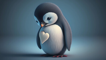 sad cute penguin and a white heart created by generative AI	