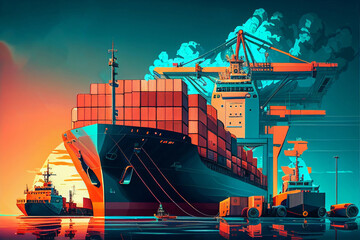 Wall Mural - Modern System transportation and logistic import export and transport industry of truck container cargo ship and cargo plane with working crane bridge in shipyard at sunset sky. Generative AI