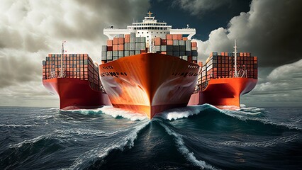 Wall Mural -  Aerial view Cargo container ship. Business logistic transportation in the ocean ship carrying container,Cargo ship, Cargo container in factory harbor for import-export. Generative AI