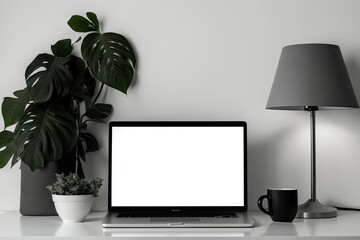 Canvas Print - Laptop screen blank Lamp, vase, leaf, clock on white desk. Generative AI