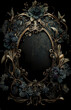 Guilded frame with dark gothic florals and botanicals, matte gold distressed textured aged vintage frame, lush and mysterious, gritty and goth, empty for copy space, centered, generative AI, AI