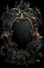 Guilded Frame With Dark Gothic Florals And Botanicals, Matte Gold Distressed Textured Aged Vintage Frame, Lush And Mysterious, Gritty And Goth, Empty For Copy Space, Centered, Generative AI, AI