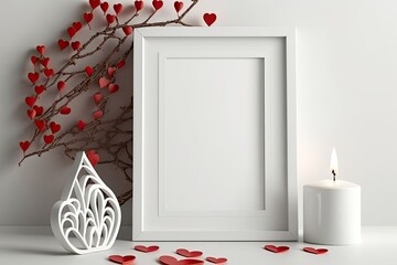 Poster - Valentine's Day mockup with white frame with branches, candle, and blank heart sign. White shelf and wall. Copyspace. Generative AI