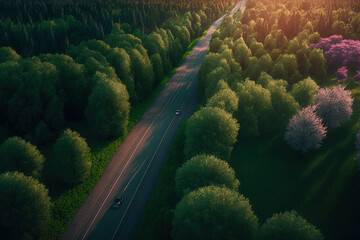 Sticker - aerial picture of a road at dusk amid a lush, green woodland in the spring. Summertime trees and a colorful environment with a vehicle on the road. aerial picture of a Croatian motorway from the top