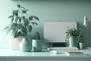 Poster - pastel green office desk with plant pot. Keep desks and workspaces simple. Staying home and working. prototype,. Generative AI