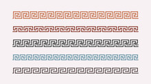 Greek Key Ornaments Collection. Colored Meander Pattern Set. Repeating Geometric Meandros Motif. Greek Fret Design. Ancient Decorative Border. Vector Decoration