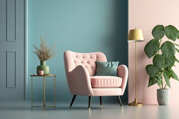 design of the living room. mockup featuring a pale pink armchair and a blue wall with empty space on