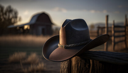 Wall Mural - cowboy hat with farmhouse background