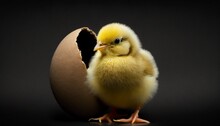 New Hatched Baby Chicken Out Of An Egg Shell, Isolated On Black Background.