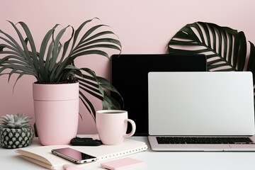 Poster - A close-up of a woman's office with a laptop with a blank screen, a mug, supplies, and copy space on a marble table against a pink backdrop. Generative AI