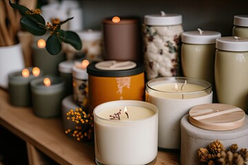 Canvas Print - Many soy wax candles decorate a store. potteries. eco-business and vegan. soy candle accessories. lovingly handcrafted. workspace, online store, and remote. Generative AI