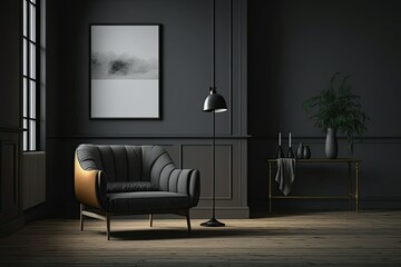 Canvas Print - Black chair and sofa. Minimalism. Generative AI