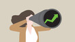© kora_sun - A businesswoman uses a telescope to look for a green graph, business solution, problem-solving from  financial crisis, economic downturn, Global recession, inflation, bankruptcy, and failure concept.
