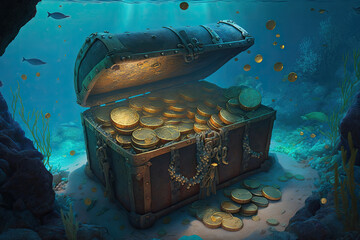 Chest with gold coins on the bottom of the sea, generative AI