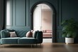 A panoramic image of a typical living room with molded walls, arched doors, and parquet floors is blurred. velvet sofa Interior design banner. Generative AI