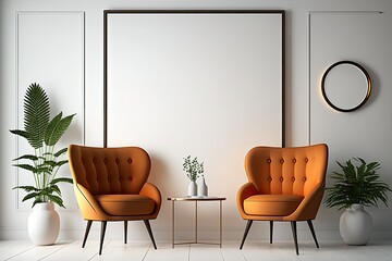 Canvas Print - Interior Scene and Mockup Illustration The two orange-brown armchairs' margins are decorated by the white wall, which also conceals the warm white lights. Generative AI