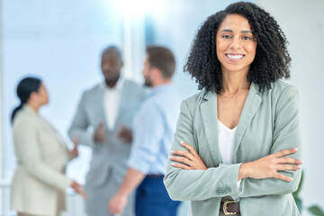 Black woman, business and leadership in meeting with smile in portrait, team leader and success with professional mindset. Corporate female, happy at job and arms crossed, manager in Atlanta office