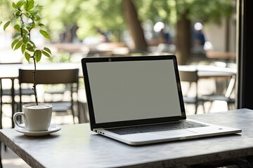 Canvas Print - Blank laptop on cafe table. Graphic display montage laptop. Generative AI