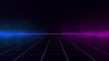 Wall Mural - Synthwave vaporwave retrowave cyber background with copy space, laser grid, starry sky, blue and purple glows with smoke and particles. Retro Sci-Fi Background. Futuristic Grid landscape of the 80s. 