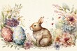 Easter greeting card with cute bunny and eggs. Watercolor painting. Generative AI