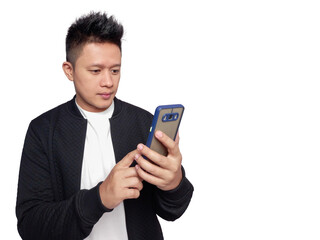 Poster - Handsome man holding and pointing at smartphone screen with calm facial expression.